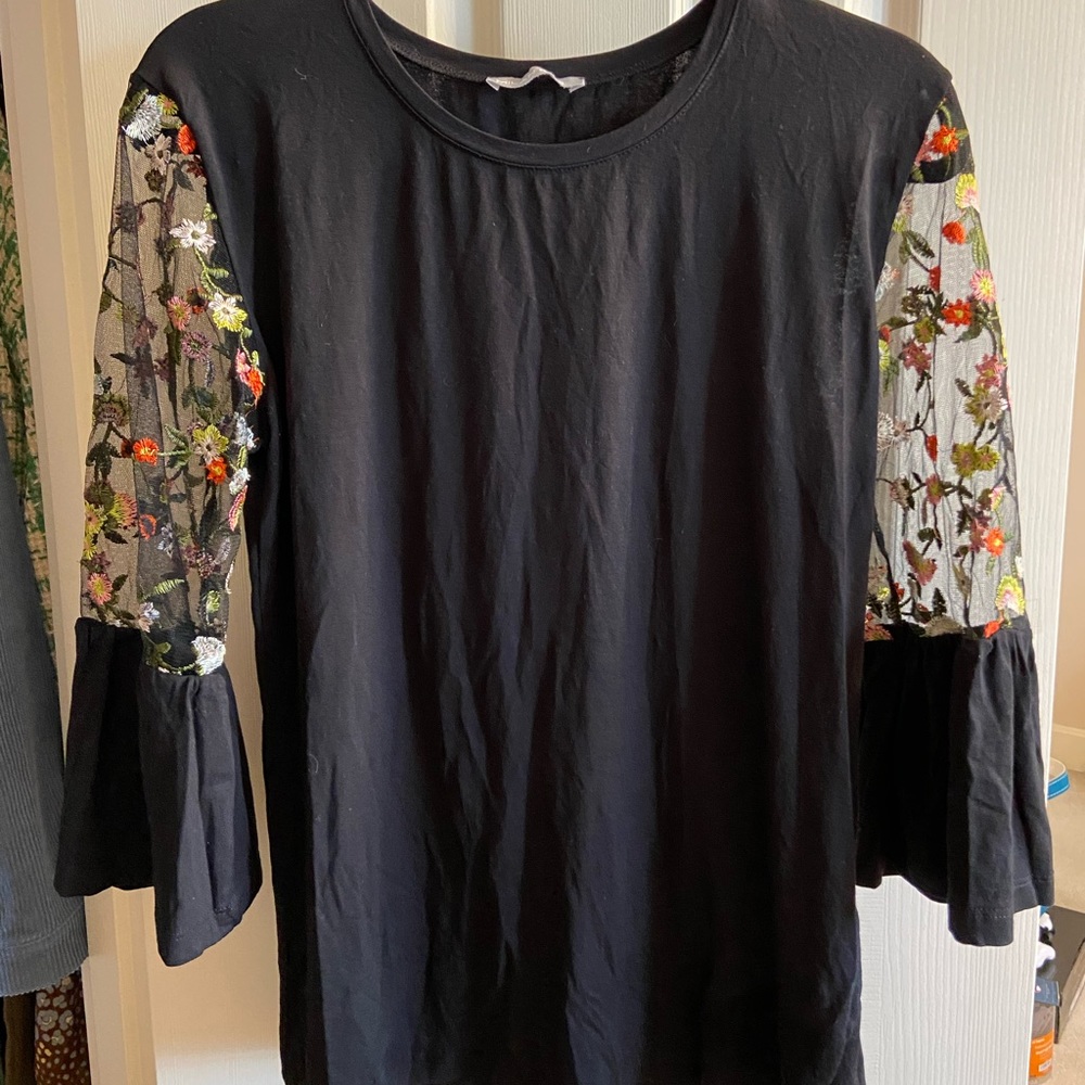 Black Shirt with Embroidered Floral Sleeves